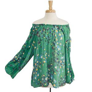 Zac & Rachel ON/OFF ELASTIC SHOULDER Floral Print Blouse 2X Green Top Rayon
